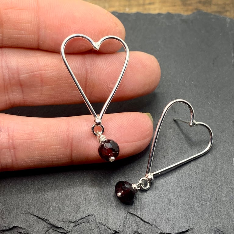 Sterling Silver Heart & Garnet Stud Earrings