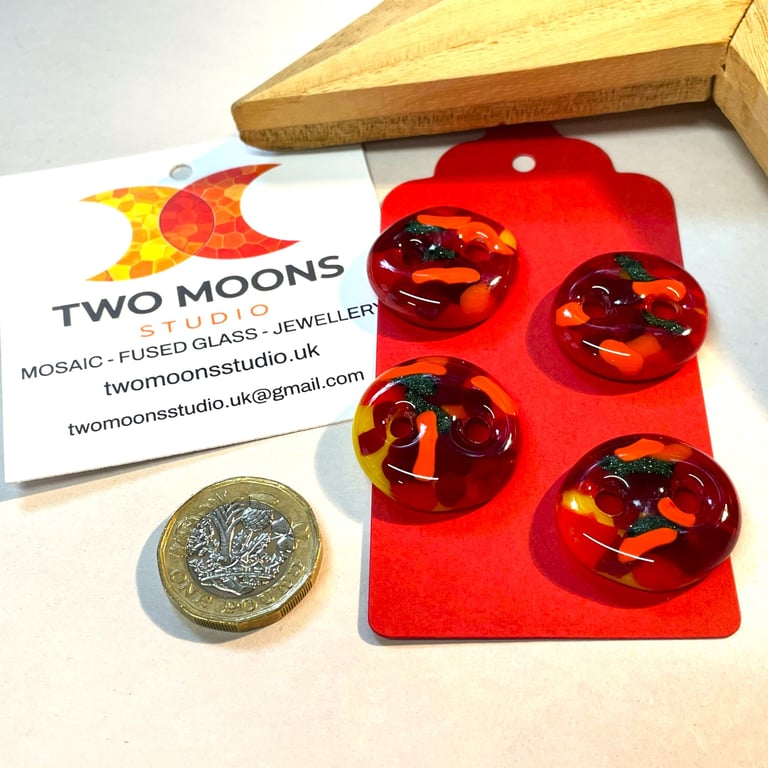 Set of 4 red fused glass buttons 