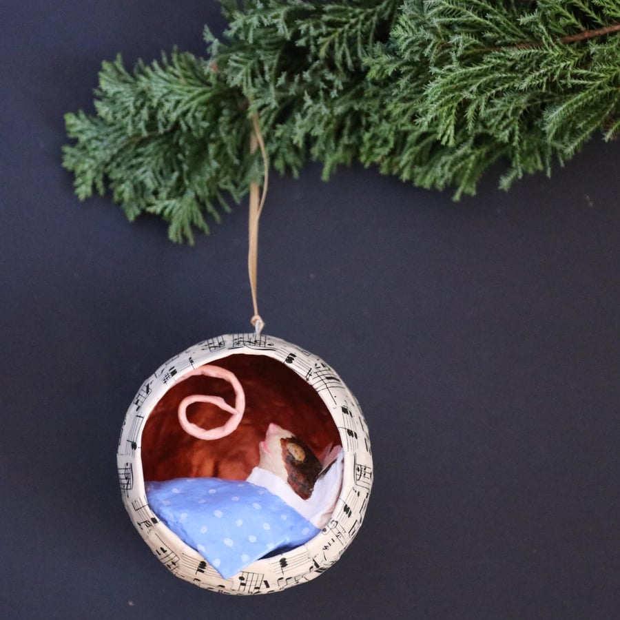 Sleepy Mouse Christmas Tree Bauble (blue)