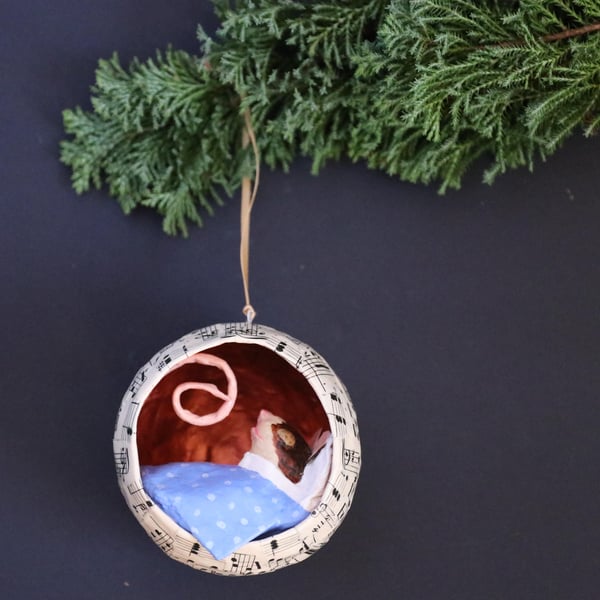 Sleepy Mouse Christmas Tree Bauble (blue)
