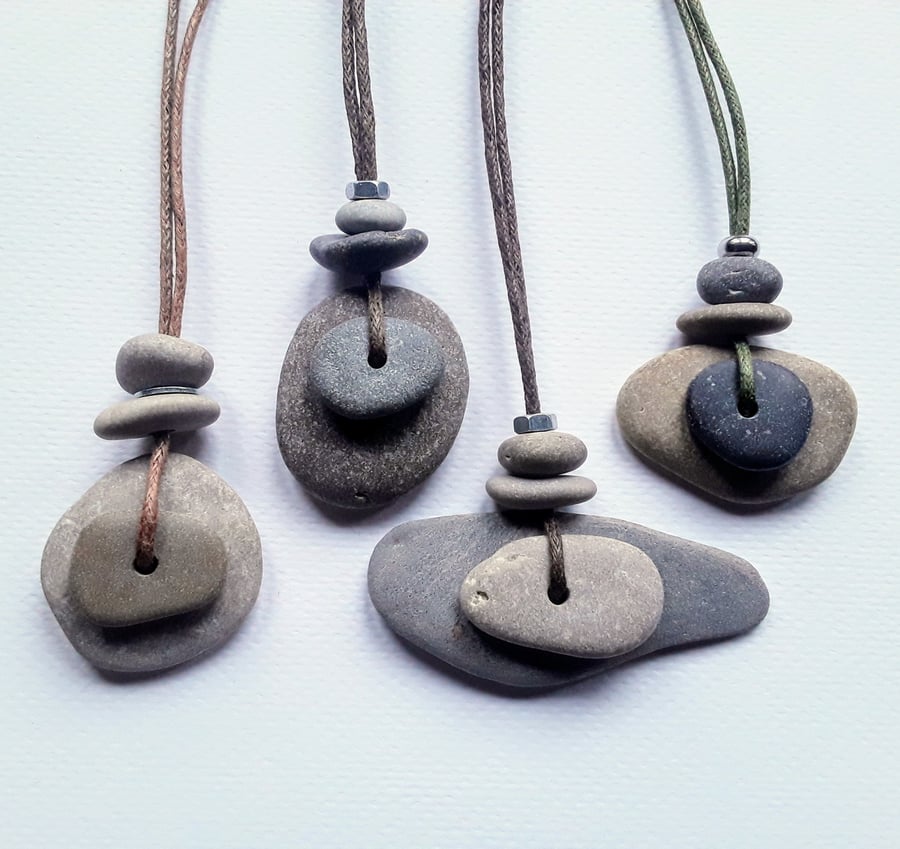 Unisex Layered Pebble Pendant with Metal Bead