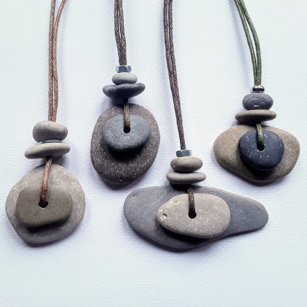 Unisex Layered Pebble Pendant with Metal Bead