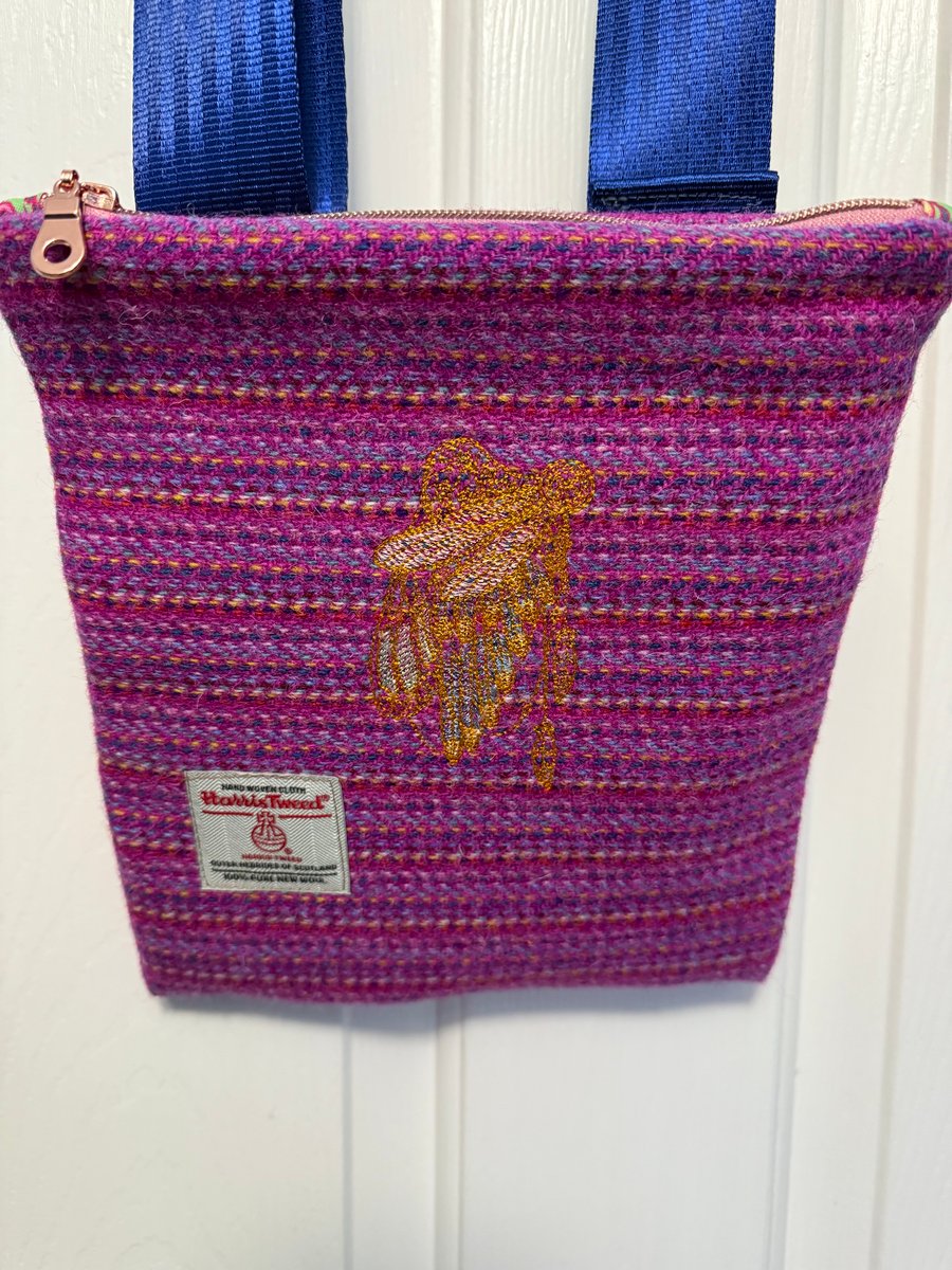 A Harris Tweed Crossbody or Shoulder bag with N American Feathers embroidery