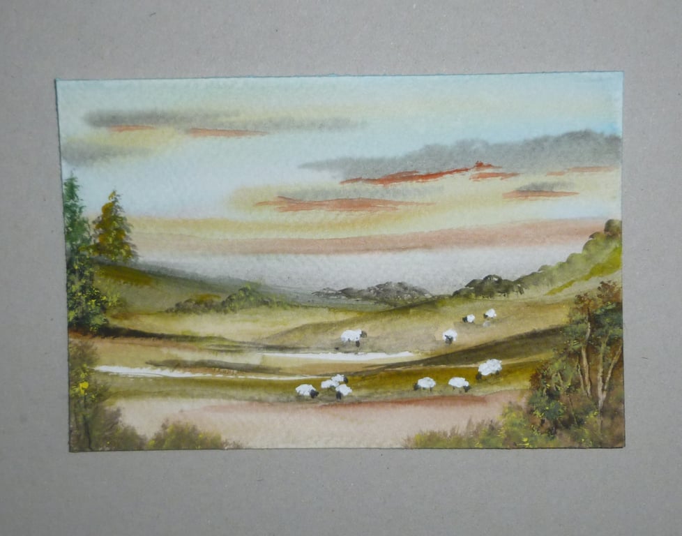 watercolour art painting original landscape sheep ( ref FA 379 K4 )