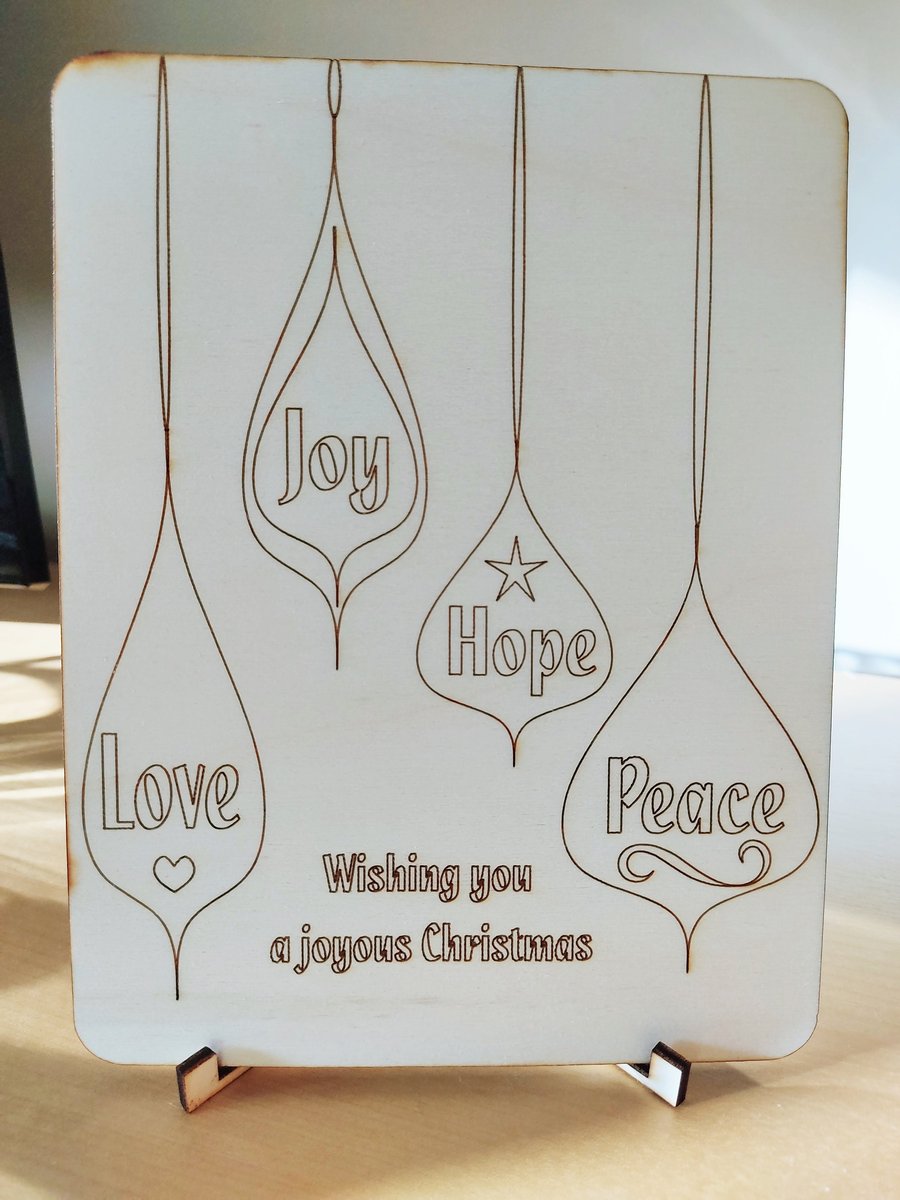 Bauble Christmas card, wooden laser-cut, Peace, Love, Joy and Hope 