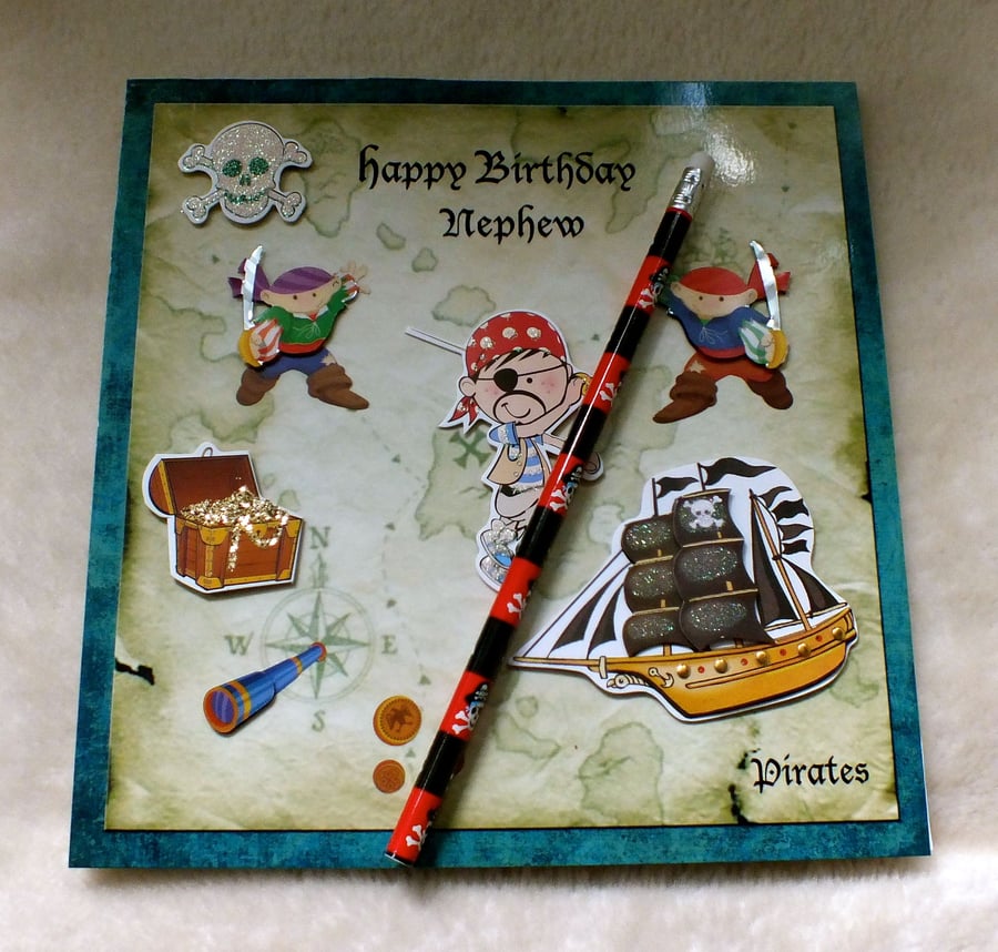 Nephew's Birthday Handmade Pirate Theme Card plus FREE PIRATE PENCIL