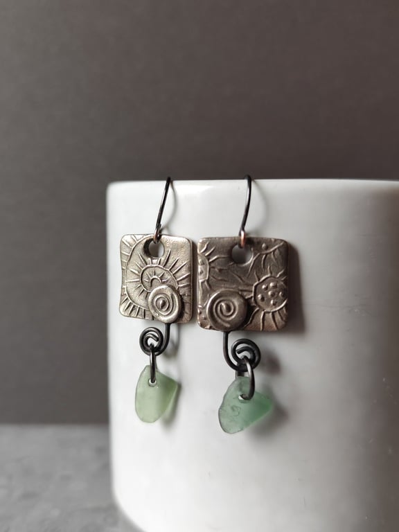 Square White Bronze and seaglass drop earrings, recycled material