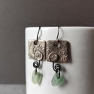 Square White Bronze and seaglass drop earrings, recycled material