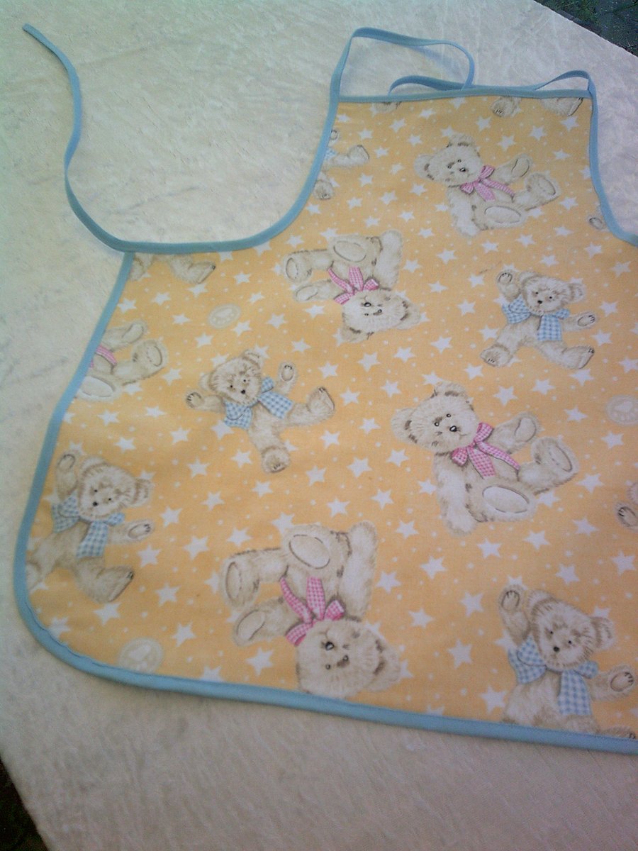 Teddy Bears wearing Pink & Blue Bows with Blue Bias Binding Edging Baby Apron