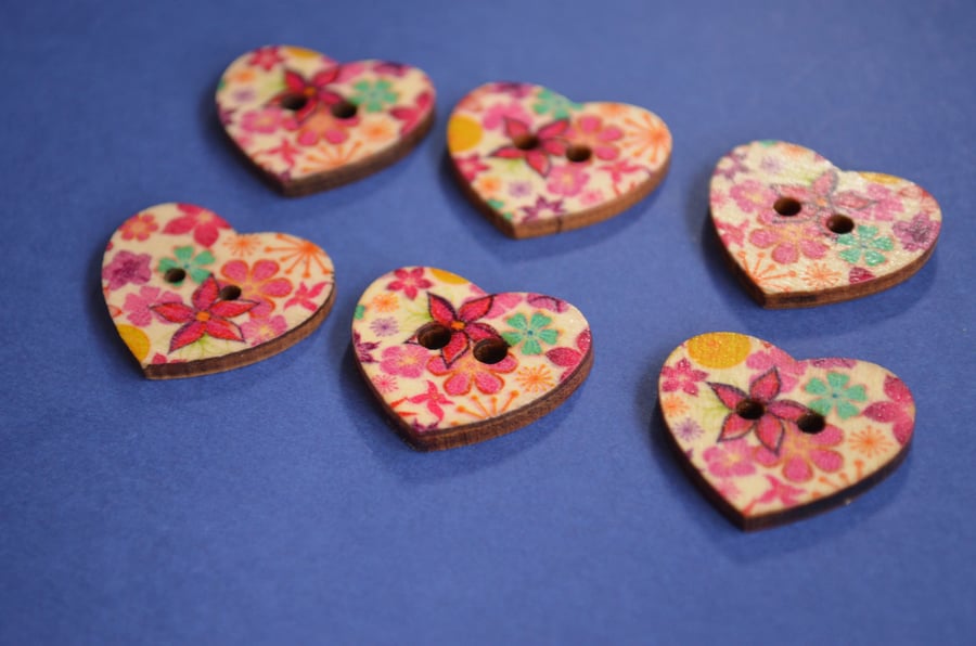 Wooden Heart Buttons Floral Pink Blue Yellow 6pk 25x22mm (H9)