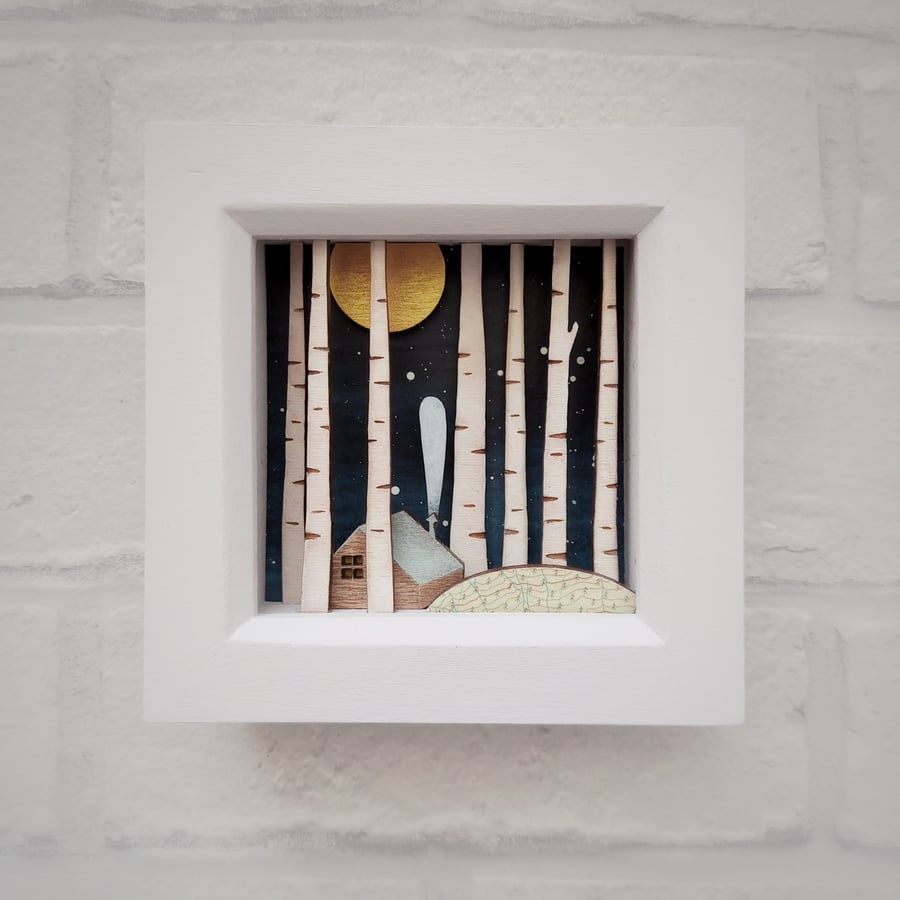 Cabin in the Woods Picture, Miniature Diorama, Folk Art Shadow Box, Wooden Cabin