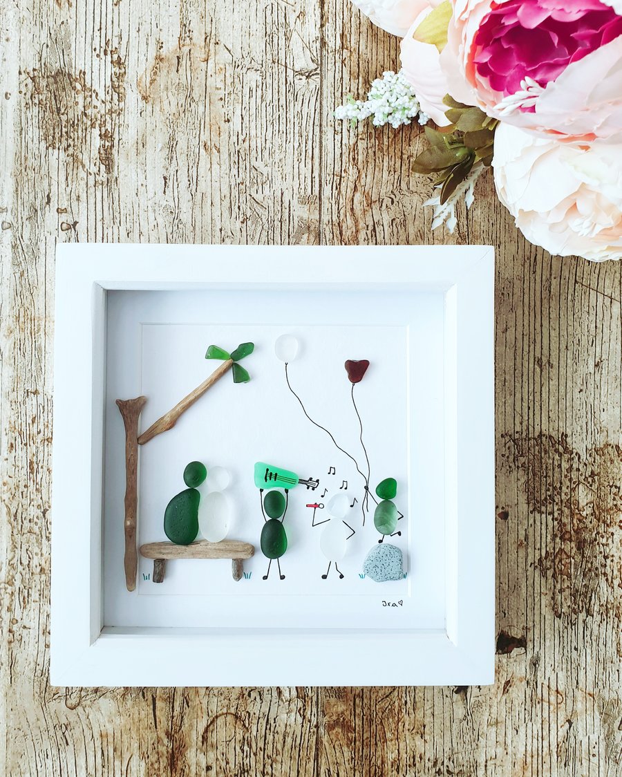 Seaglass and driftwood art "FAMILY"