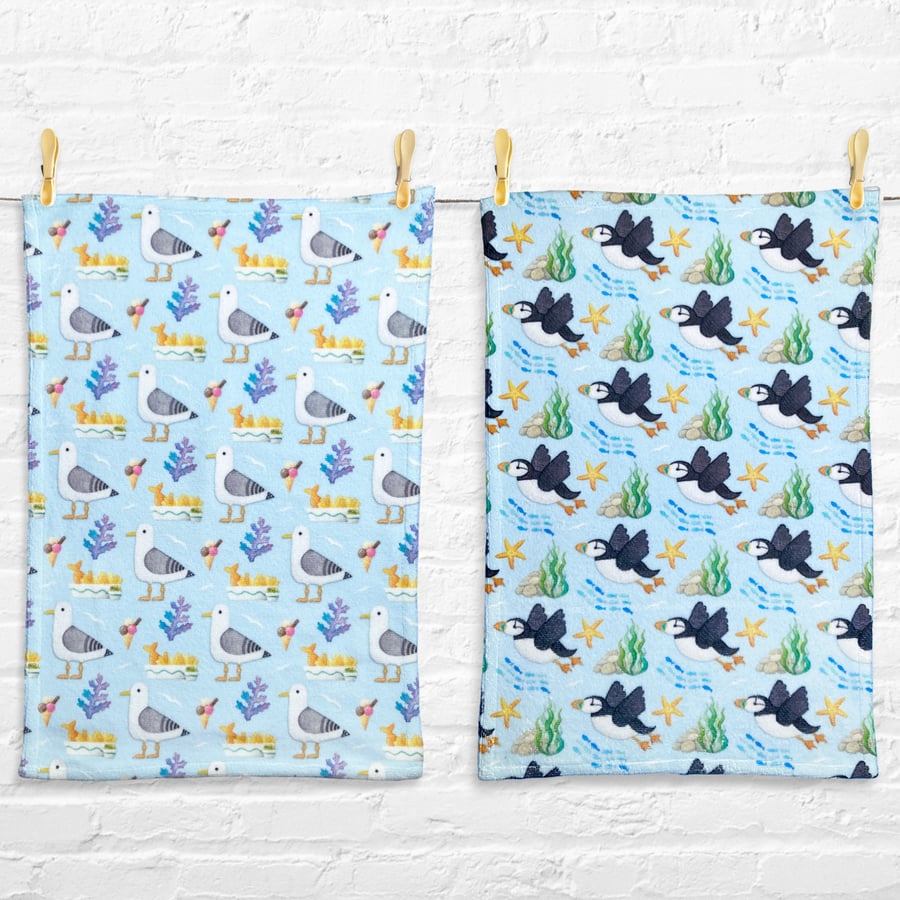 Hand Towel Bundle x2 - Seagull & Puffin Patterns - Soft & Fluffy Towels