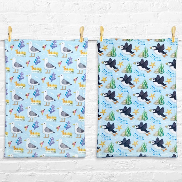 Tea Towel Bundle x2 - Seagull & Puffin Patterns - Fluffy Style Hand Towels