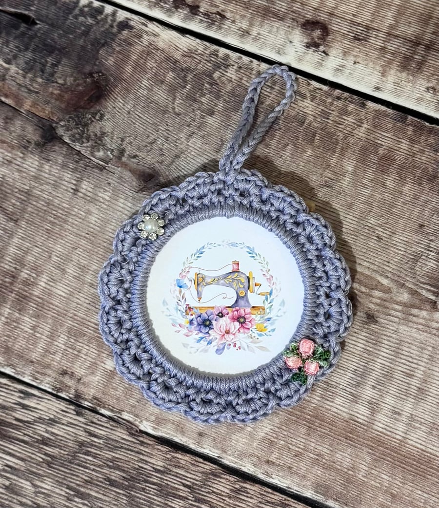 Hand crocheted hanging 4” frame sewing machine picture