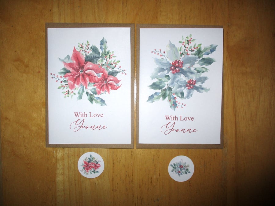 Poinsettia Holly Notelets x 6 with envelopes and stickers - Personalised