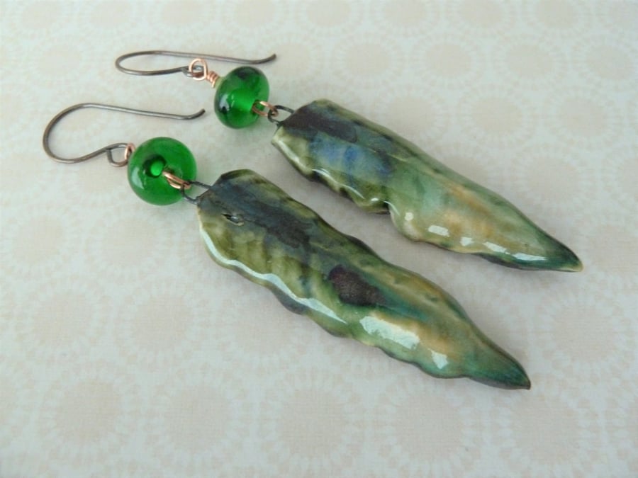 handmade lampwork green and ceramic leaf copper earrings