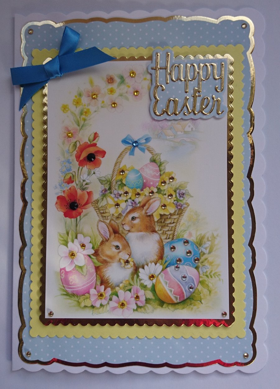 Happy Easter Card Cute Bunnies Rabbits Easter Eggs Basket 3D Luxury Handmade
