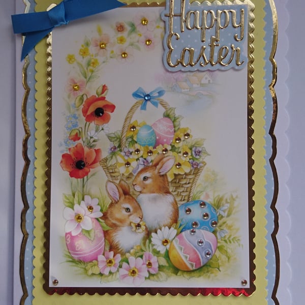 Happy Easter Card Cute Bunnies Rabbits Easter Eggs Basket 3D Luxury Handmade