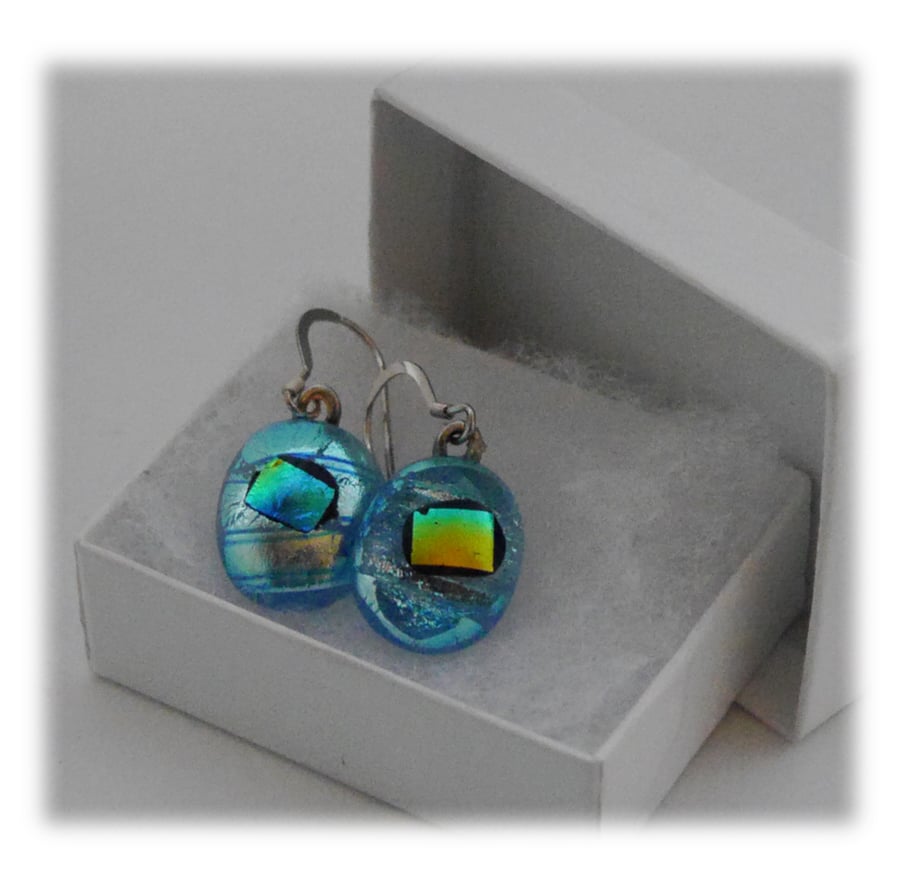 Handmade Fused Dichroic Glass Earrings 142 Turquoise Shiners