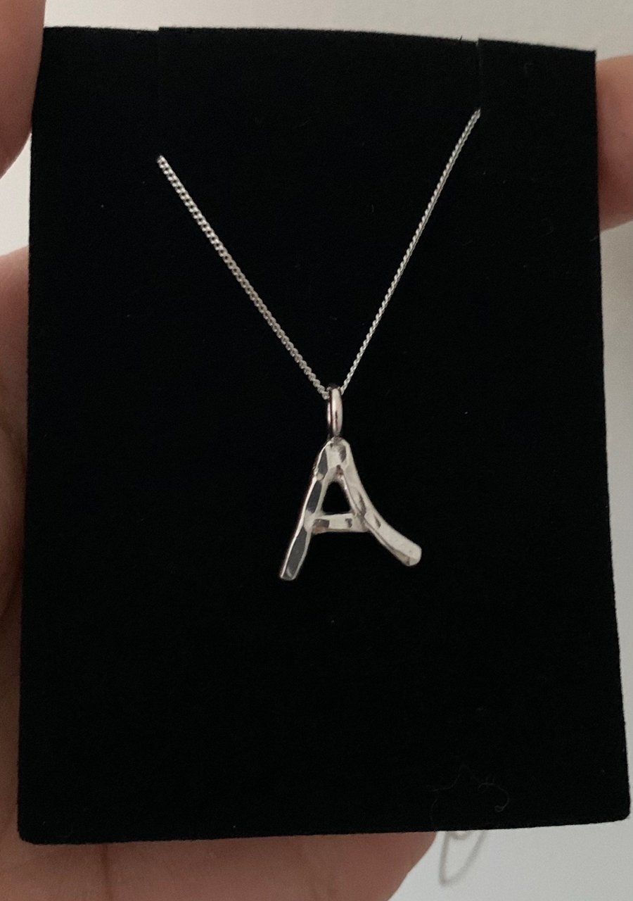 Small Initial A - Letter A Necklace - Solid Sterling Silver Initial - Hammered -