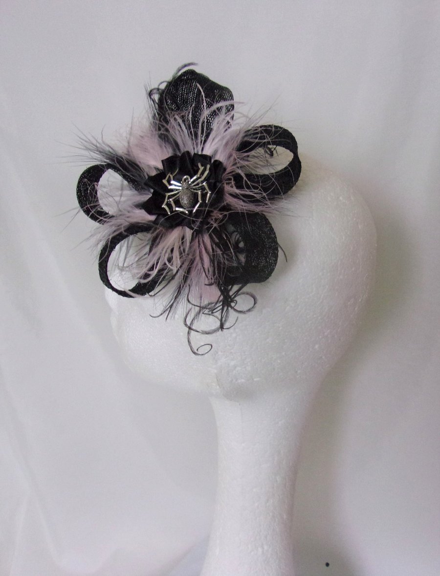 Black and Pink Spider Clip - Sinamay Loop Feather Gothic Spooky Goth Wedding