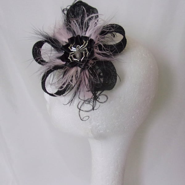 Black and Pink Spider Clip - Sinamay Loop Feather Gothic Spooky Goth Wedding