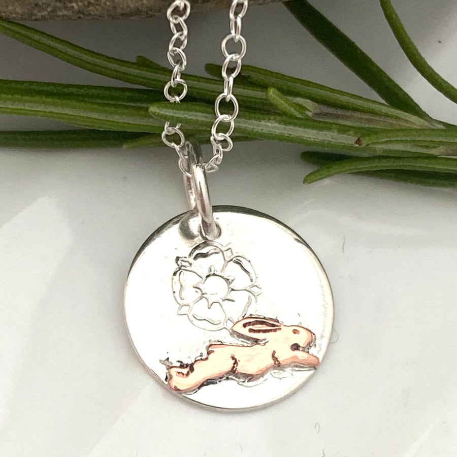 Yorkshire Hare Necklace. Running Hare Sterling Silver & Copper Pendant