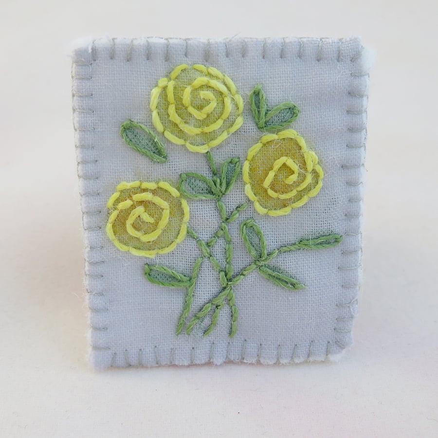 Yellow Rose Brooch - painted and stitched
