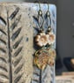 Amber Czech Glass Leaf Earrings with Rustic Cream Flowers and Antiqued Brass - Image 2