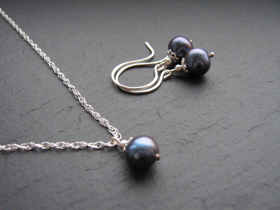 Pearl Jewellery Set - Blue Pearl Earrings, Pearl Pendant, Pearl Necklace, Gift