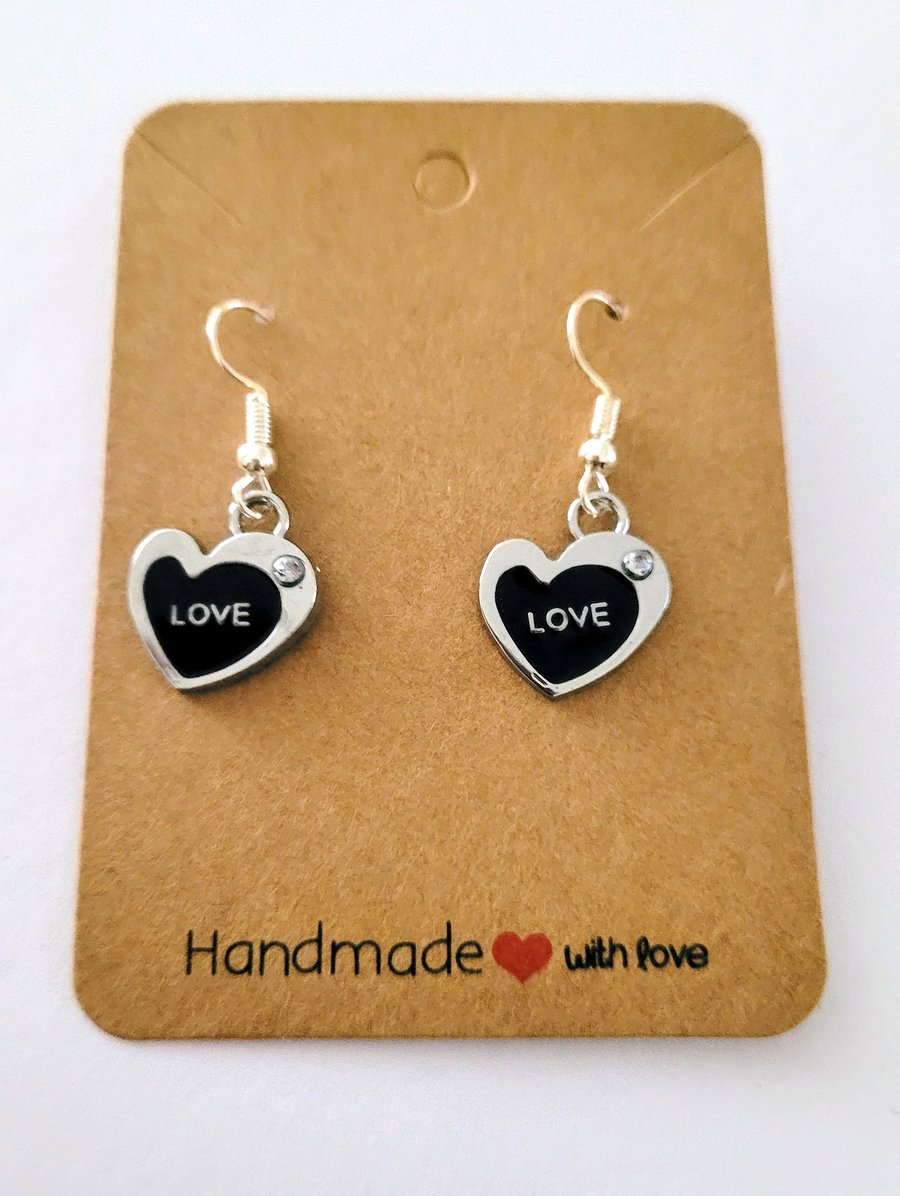 Silver & Black Love Heart Charm Dangle Earrings on Silver Plated Earring Hooks