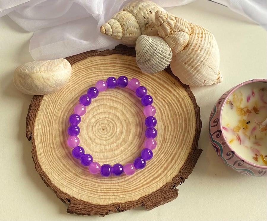 Handmade Violet Glass Beaded Bracelet Bold Purple Jewelry