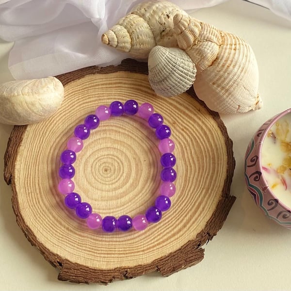 Handmade Violet Glass Beaded Bracelet Bold Purple Jewelry