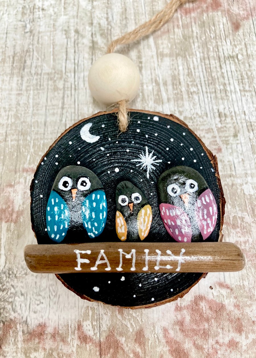 Quirky Pebble Owl Family on Wood Slice Handmade Rustic Wall Hanging Nature Gift