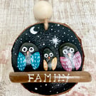 Quirky Pebble Owl Family on Wood Slice Handmade Rustic Wall Hanging Nature Gift