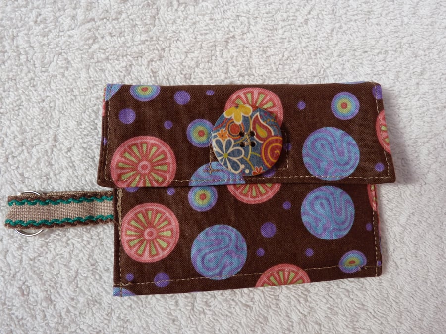 Coin Purse In Brown Pink and Blue Fabric with Zipped Purse and Card Wallet