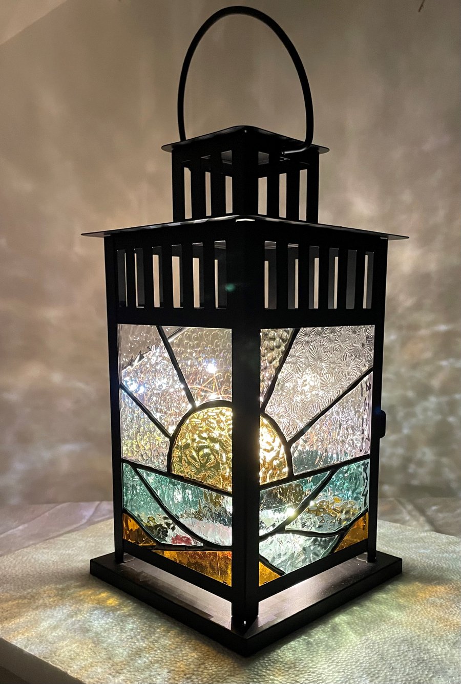 Black Steel Lantern with Handcrafted stained glass sunrise panels