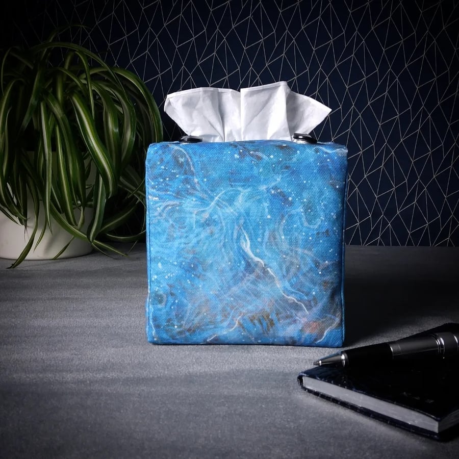 Square Tissue Box Cover - Dark Blue Nebula Print