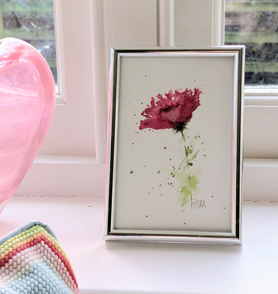 Frilly Red Rose, A6 framed watercolour painting 