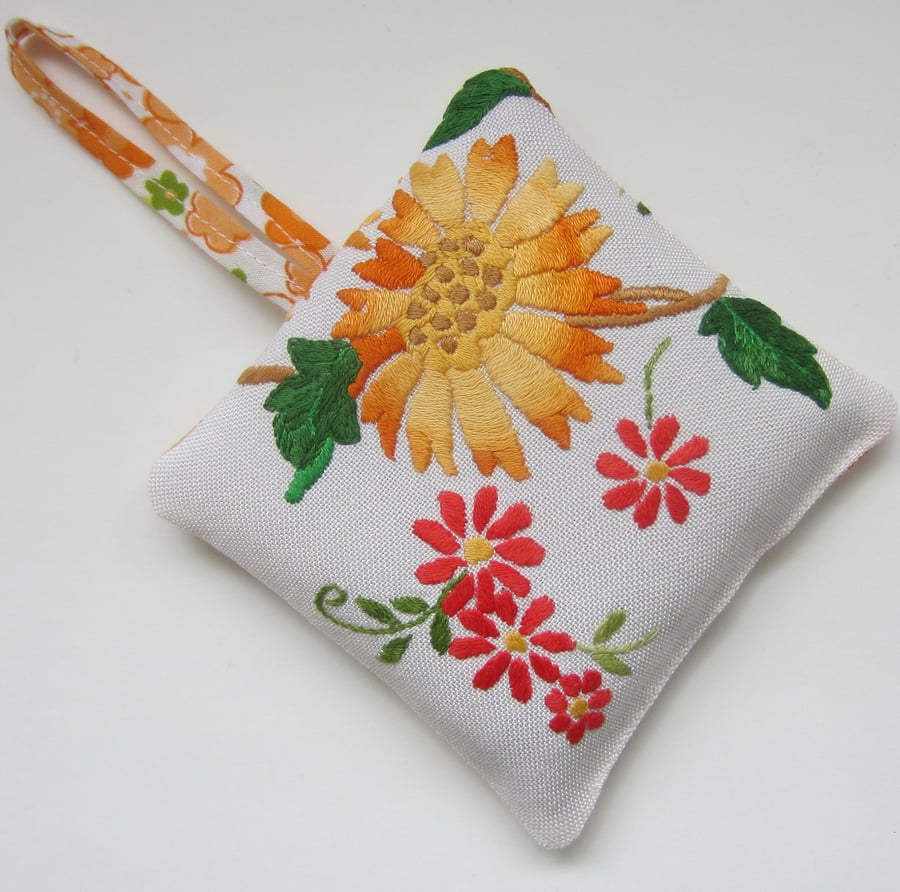 Vintage Embroidered Orange Flower Lavender Bag