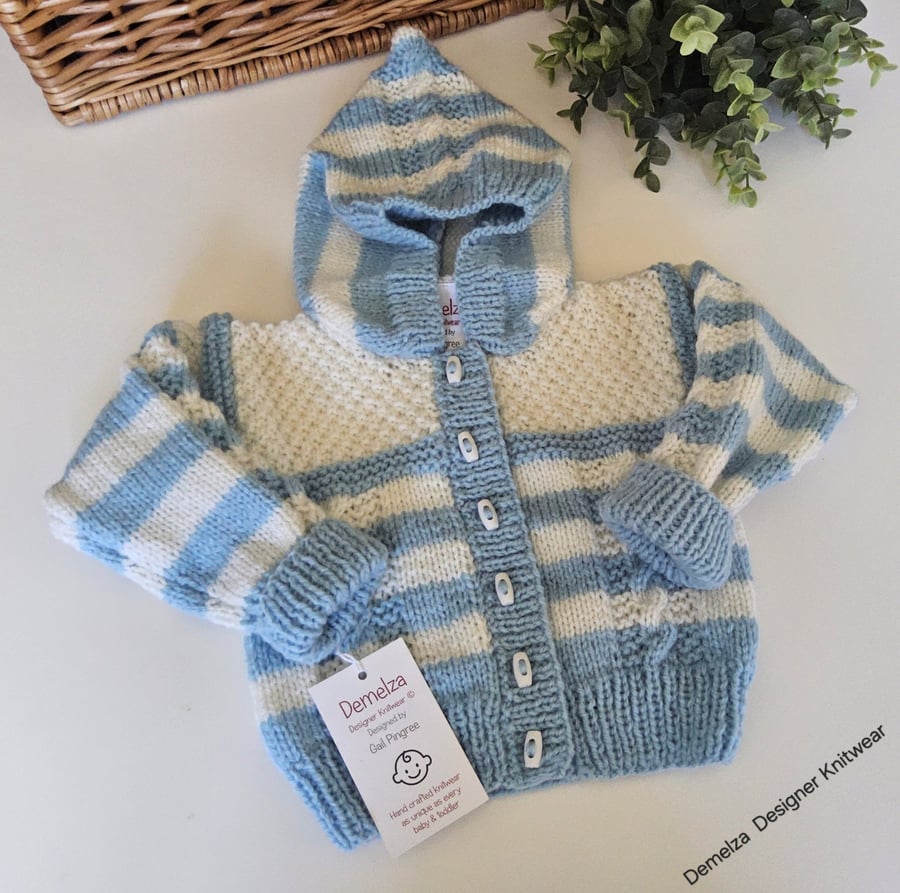 Designer Baby Boy's Hooded Jacket Hand Knitted with Merino Wool 6-12 months size