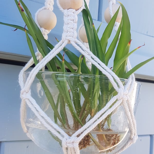 Seconds Sunday Macramé plant holder hanging basket with wooden beads