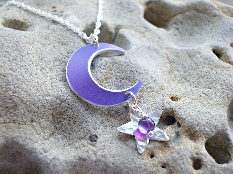 Moon and silver star necklace pendant with amethyst