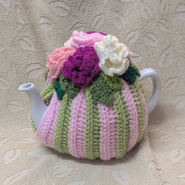 Pink & Green Striped Tea Cosy with Pink Flowers to fit medium sized 4-6 cup pot