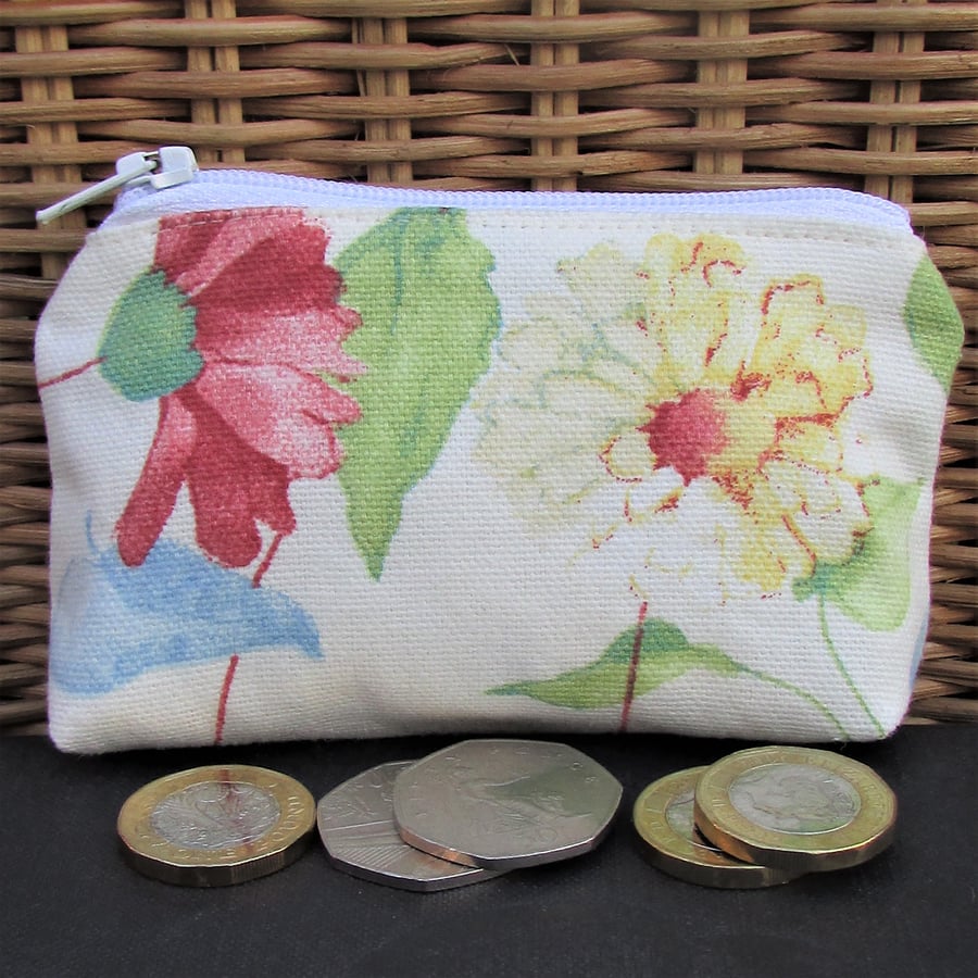 Small purse, coin purse in cream with pink and yellow floral print