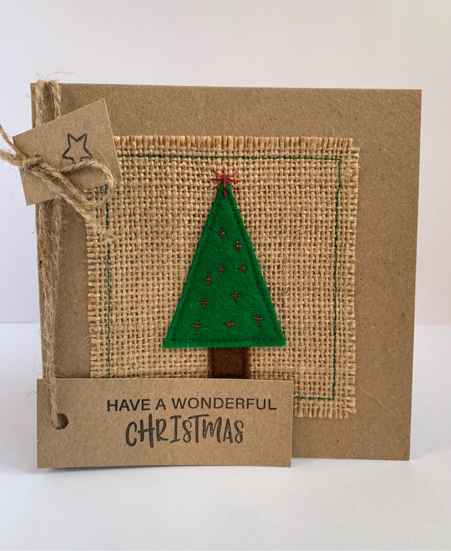 Handmade Christmas Card. Festive green tree with pink coloured sparkle. 