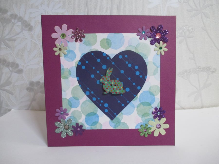 Bunny Rabbit Birthday Blank Greetings Card Blue Purple Green Button Art Glitter
