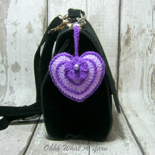 Lilac crochet hanging heart decoration, scissor minder, bag charm with lavender