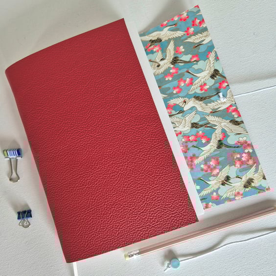 Red Leather Chiyogami Crane Journal or Sketchbook, A5 size